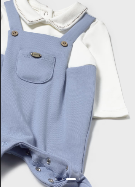 Blue Faux Overall Footie with Peter Pan Collar
