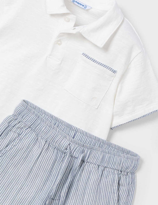 Blue Stripe Linen Shorts w/ White Polo