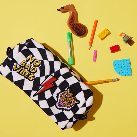 No Bad Vibes Patched Checkered Pencil Pouch image 0