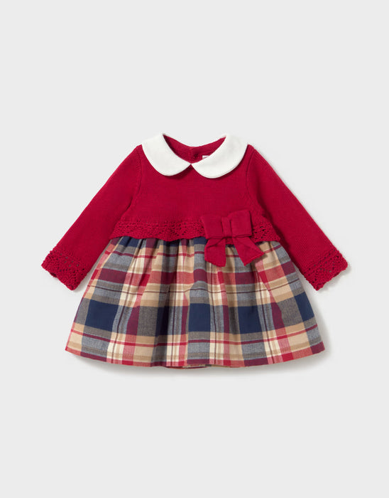 Red sweater dress with a white Peter Pan collar, plaid skirt, and matching shimmer tights for infants.