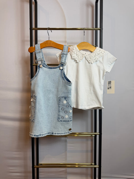 Light Blue Denim Overall Toddler Dress w/ White Lace Collar Tee