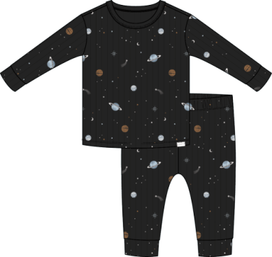 Black pajama set with galaxy print featuring stars, planets, and moons.