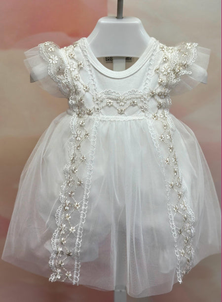 Tulle Overlay Romper w/ Gold Detail Lace & Headband image 0