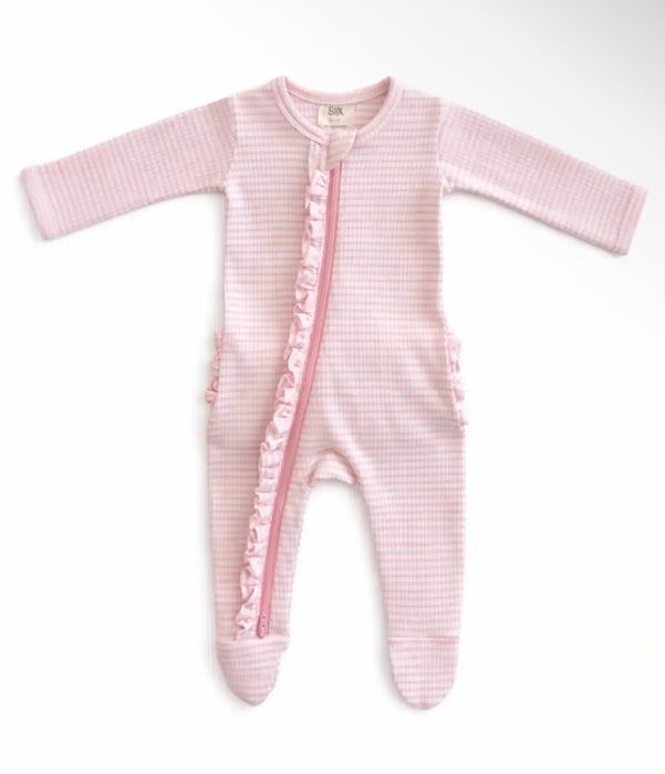 Pink Stripe Ribbed Frill Footie with Headband