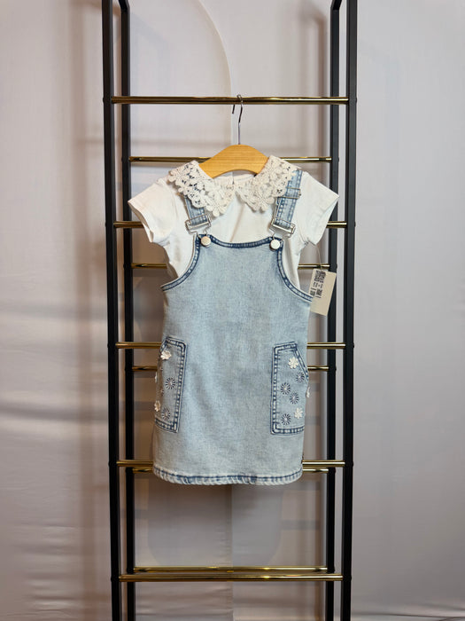 Light Blue Denim Overall Toddler Dress w/ White Lace Collar Tee