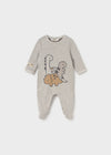 Gray footie with dinosaur graphic and snap closures, featuring long sleeves and a cozy design.