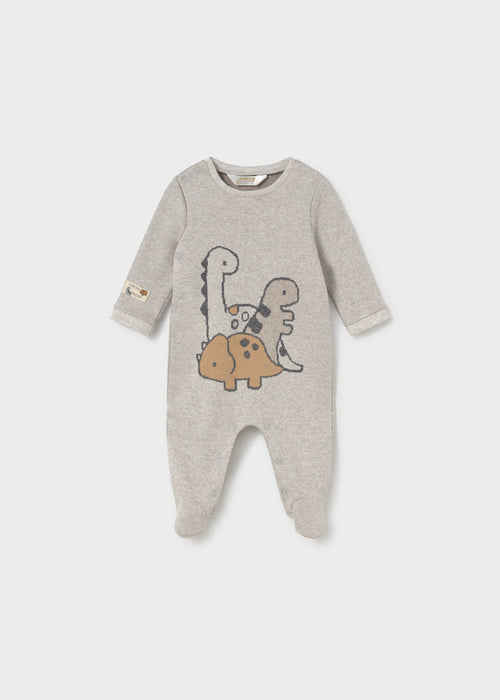 Gray footie with dinosaur graphic and snap closures, featuring long sleeves and a cozy design.