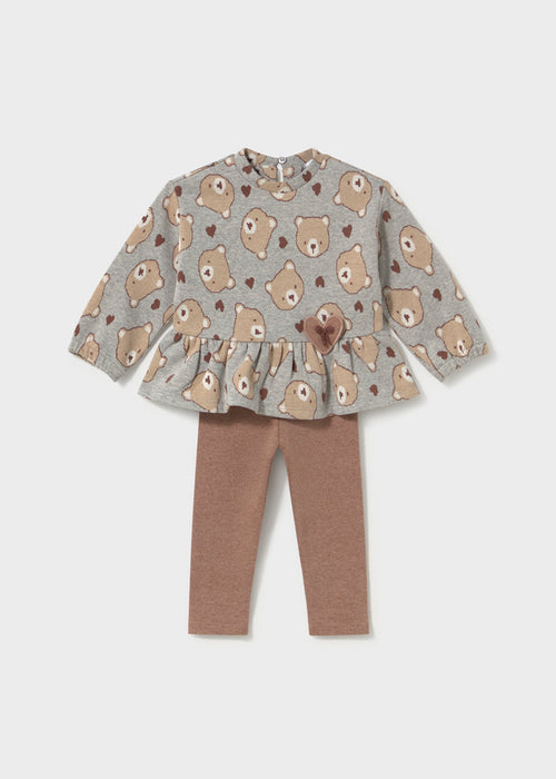 Gray sweater dress with brown bear pattern and heart accents, paired with brown leggings.