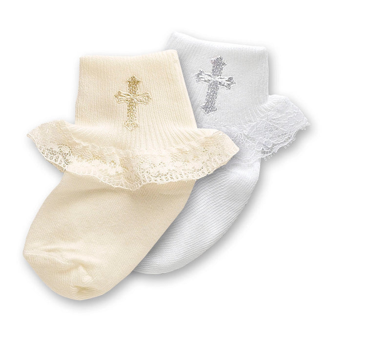White Embroidered Ruffle Cross Sock image 0