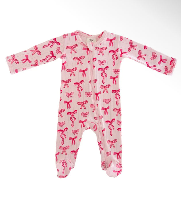 Organic Pointelle Zip Footie, Pink Bows