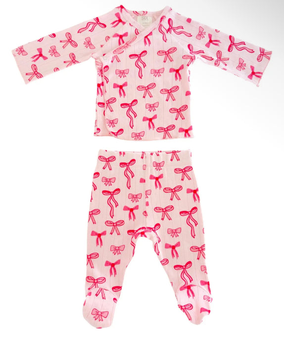 Organic Pointelle 2 pc Set w/ Headband, Pink Bows