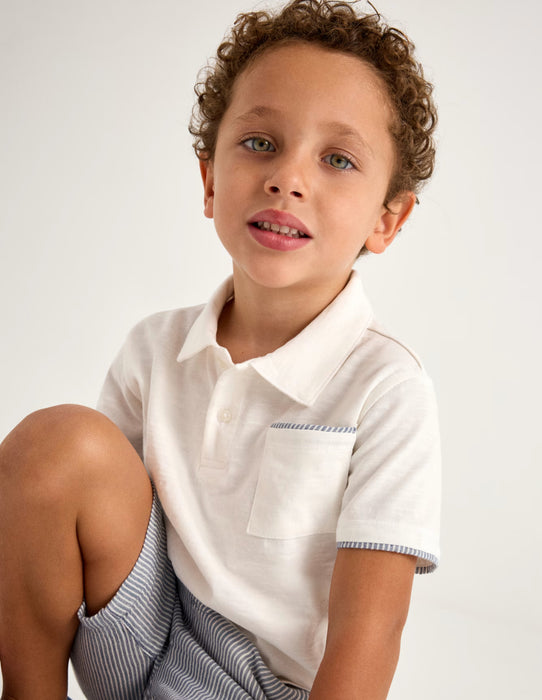 Blue Stripe Linen Shorts w/ White Polo