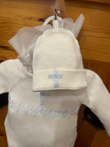 Blue Cross Knit Romper with Hat image 2