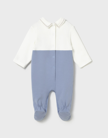 Blue Faux Overall Footie with Peter Pan Collar