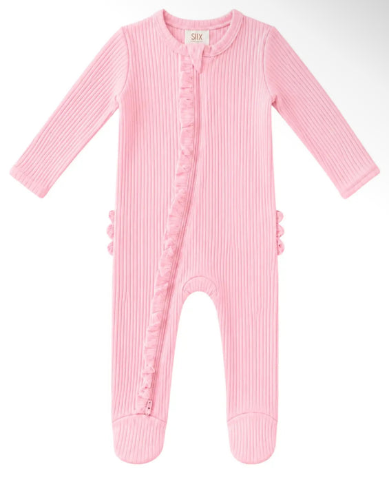 Pink Ribbed Frill 2-Way Zip Footie with Headband