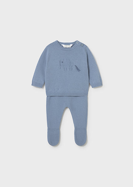 Blue baby knit two-piece set with a long-sleeve top and footed pants.