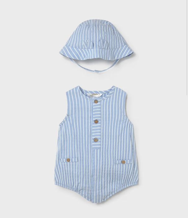 Mayoral Baby Boy Stripe Bodysuit & Hat Set Sky Blue