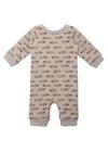 Beige romper with fish print, featuring long sleeves and a crew neckline.