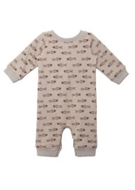 Beige romper with fish print, featuring long sleeves and a crew neckline.