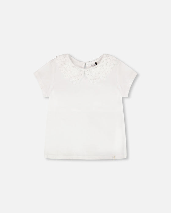 Light Blue Denim Overall Toddler Dress w/ White Lace Collar Tee