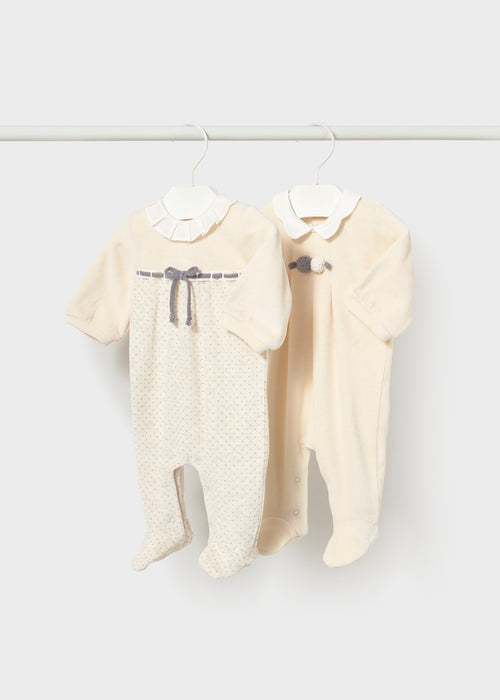 Mayoral Velour Footie, Beige with Grey Dots