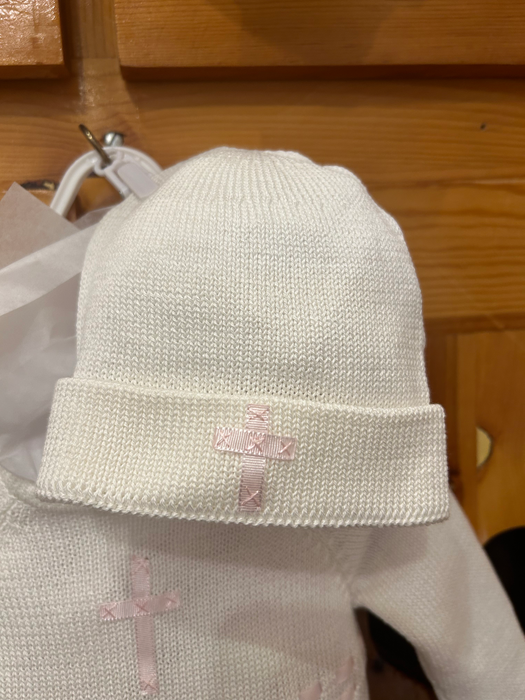 Pink Cross Knit Romper with Hat image 2