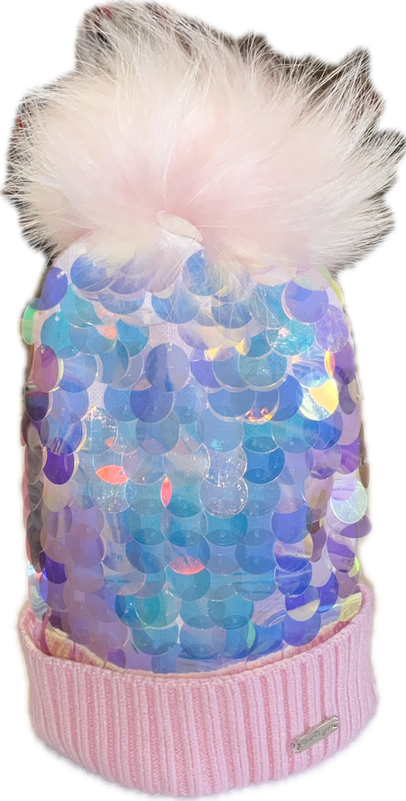 Pink Fur Pompom Hat w/ Sequins image 0