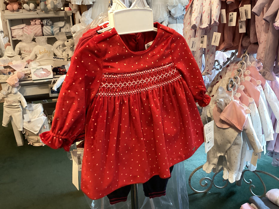 Red & Gold Smocked Velour Dress