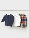 Three-piece baby set with navy cardigan, white shirt, and plaid pants.