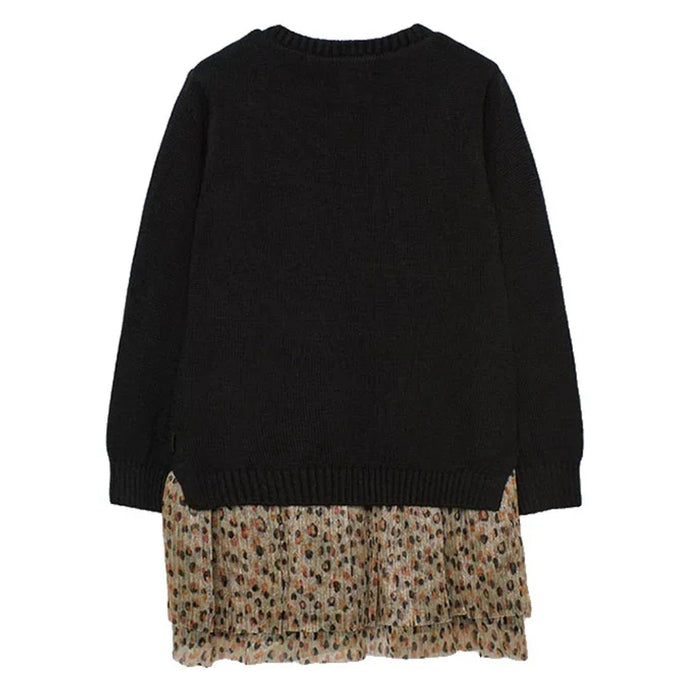 Black Knit Dress with Leopard Skirt Hem & Rhinestone Tights