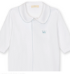 White baby footie with a soft collar and blue embroidered crown detail.