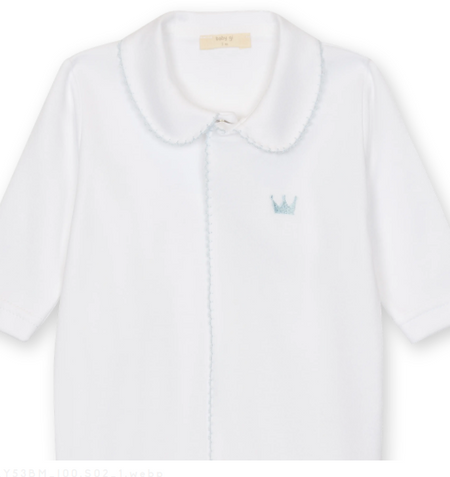 White baby footie with a soft collar and blue embroidered crown detail.