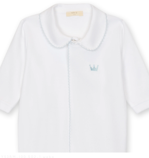 White baby footie with a soft collar and blue embroidered crown detail.