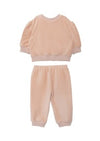 A soft peach-colored two-piece set with a short-sleeve top and elastic waist pants with cuffed ankles.