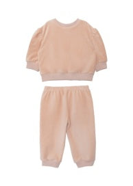 A soft peach-colored two-piece set with a short-sleeve top and elastic waist pants with cuffed ankles.