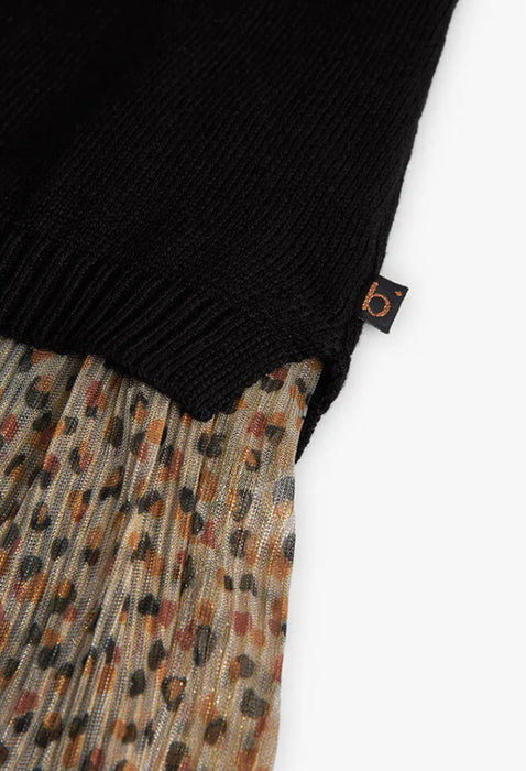 Black Knit Dress with Leopard Skirt Hem & Rhinestone Tights