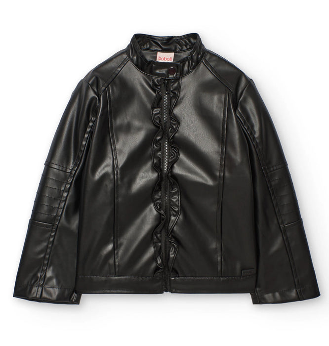 Ruffle Detail Faux Leather Jacket