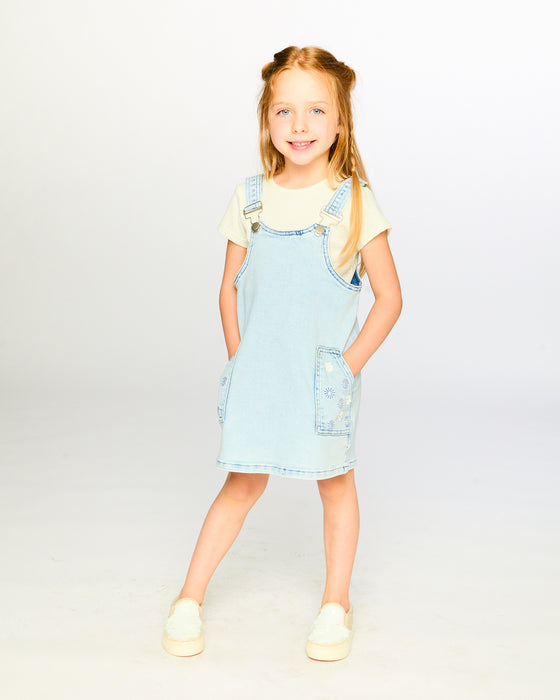Light Blue Denim Overall Toddler Dress w/ White Lace Collar Tee