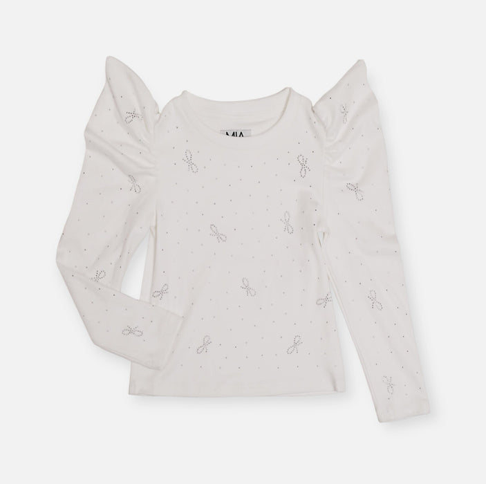 Puff Sleeve Rhinestone Bow Shirt