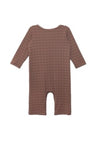 Brown check patterned romper with long sleeves and crew neckline.