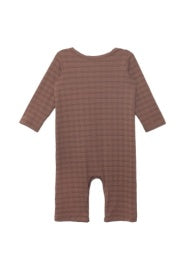 Brown check patterned romper with long sleeves and crew neckline.