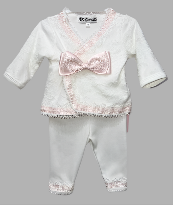 Pink Satin Bow Lacey 2pc w/ Bonnet