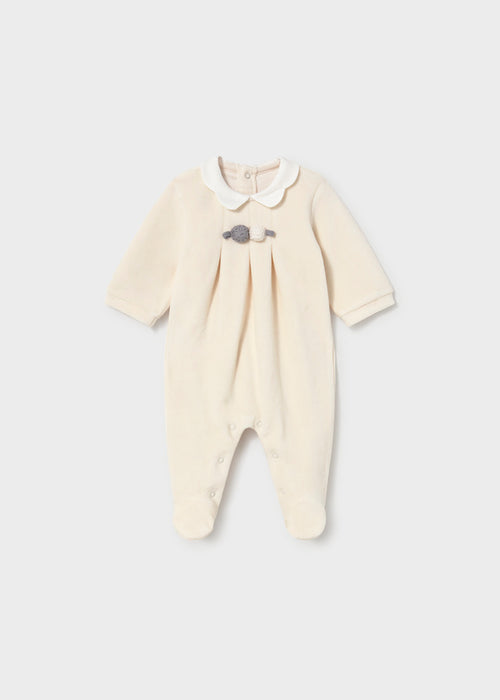 Mayoral Velour Footie, Beige with Crochet Detail