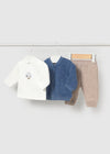 Three-piece baby set with white car print top, blue jacket with dots, and brown pants on hangers.