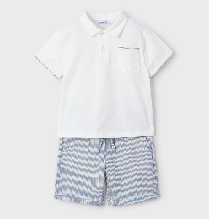 Blue Stripe Linen Shorts w/ White Polo