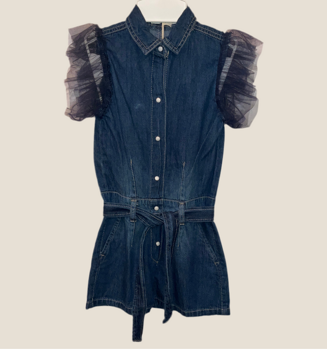 Denim Romper w/ Tulle Sleeve