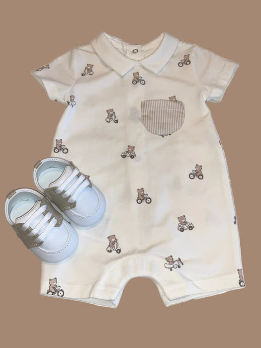 Mayoral Baby Teddy Print Short Romper Cream