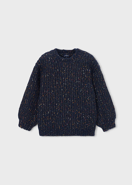 Children's navy knit sweater with ribbed detailing and a cozy texture.
