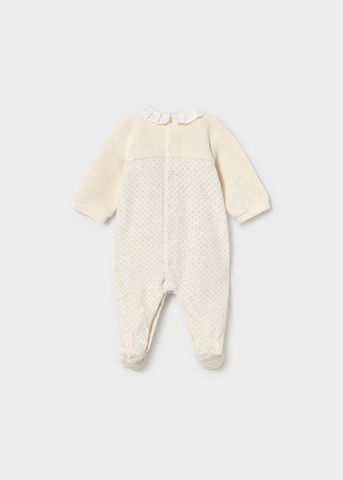 Mayoral Velour Footie, Beige with Grey Dots