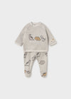 Grey Dino Footie Set with dinosaur print featuring long-sleeve top and footie pants.